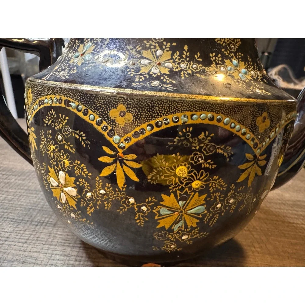 Vintage Moriage Style Teapot Black Gold Floral Made in England Decorative Teawar